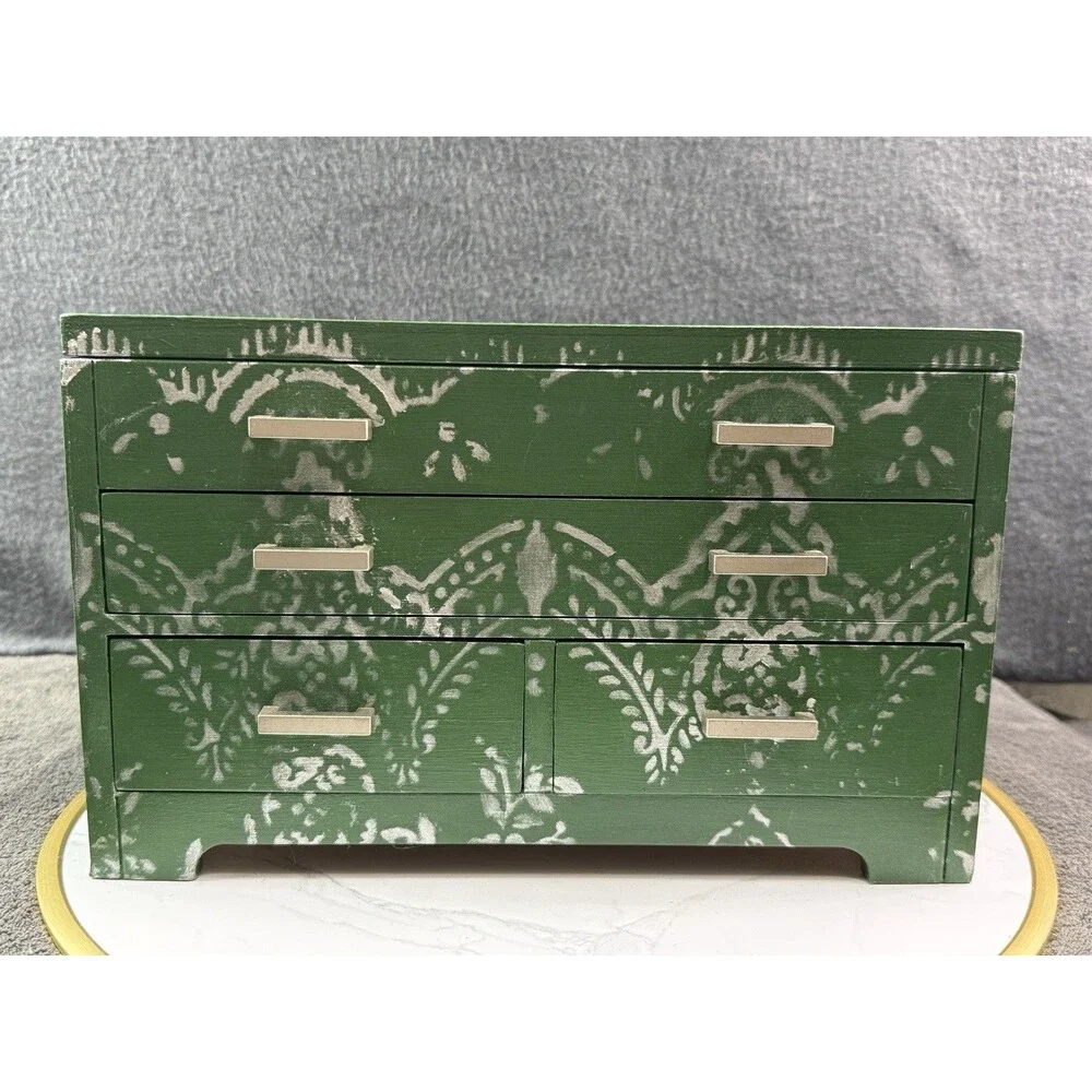 Green Hand Painted Wood Jewelry Box Silver Stencil Mirror Geometric Handmade